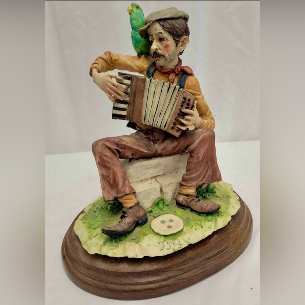 VTG A. Belcari Italy Hand Painted Signed Porcelain Accordion Parrot Man
